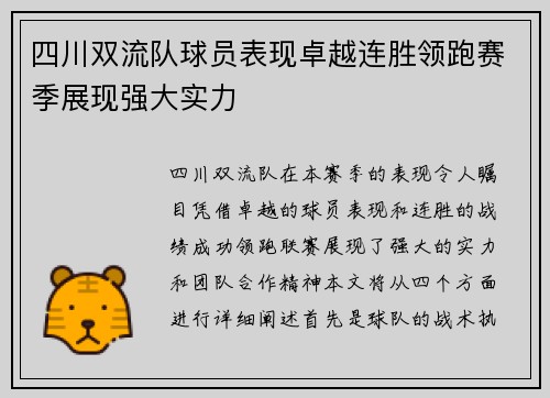 四川双流队球员表现卓越连胜领跑赛季展现强大实力