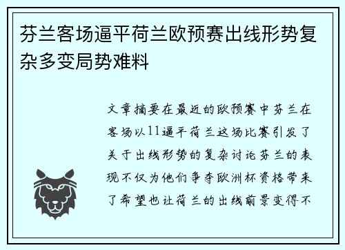 芬兰客场逼平荷兰欧预赛出线形势复杂多变局势难料