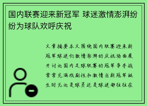 国内联赛迎来新冠军 球迷激情澎湃纷纷为球队欢呼庆祝