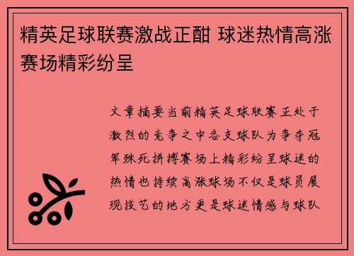 精英足球联赛激战正酣 球迷热情高涨赛场精彩纷呈