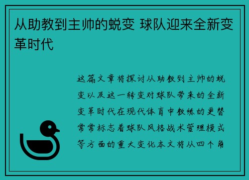 从助教到主帅的蜕变 球队迎来全新变革时代
