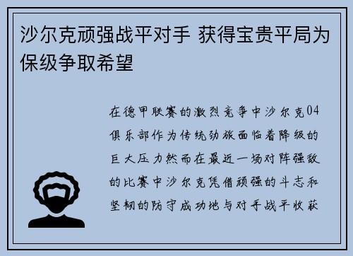 沙尔克顽强战平对手 获得宝贵平局为保级争取希望