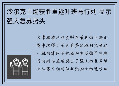沙尔克主场获胜重返升班马行列 显示强大复苏势头