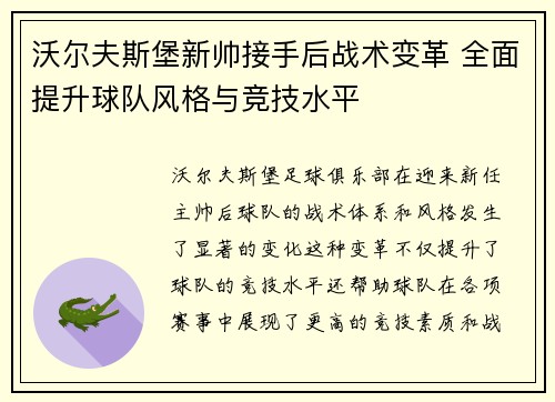 沃尔夫斯堡新帅接手后战术变革 全面提升球队风格与竞技水平