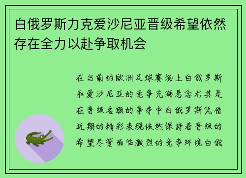 白俄罗斯力克爱沙尼亚晋级希望依然存在全力以赴争取机会